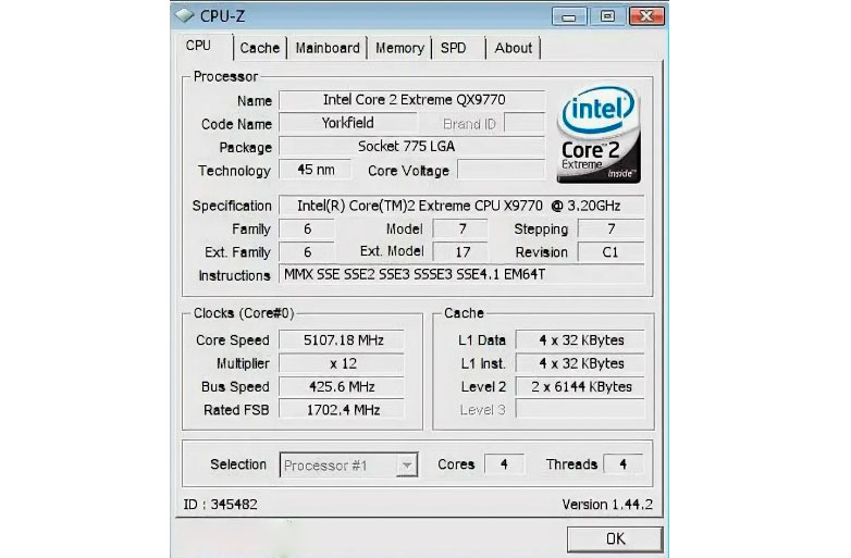 Intel Core 2 Extreme QX9770 - CPU-Z